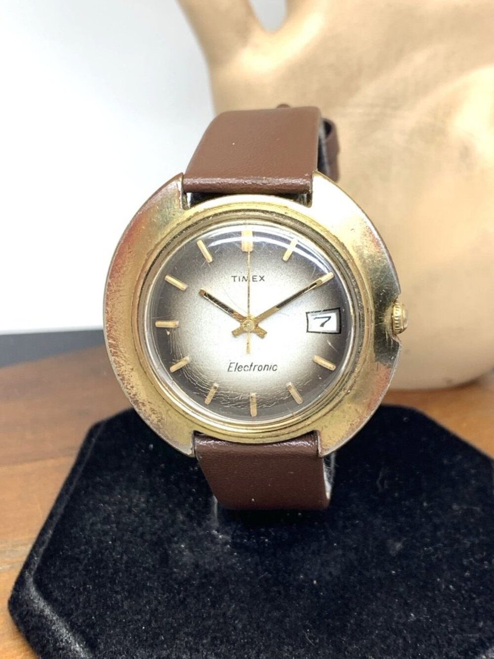 Timex Electric Men's Watch Vintage Quartz White-Brown Dial Leather Strap 41.5mm